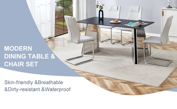 English Elm Table 5-Piece Dining Set: Luxurious Black Marble Top With Stainless Steel Legs & Light Gray Pu Chairs W1151S01963-GIGA