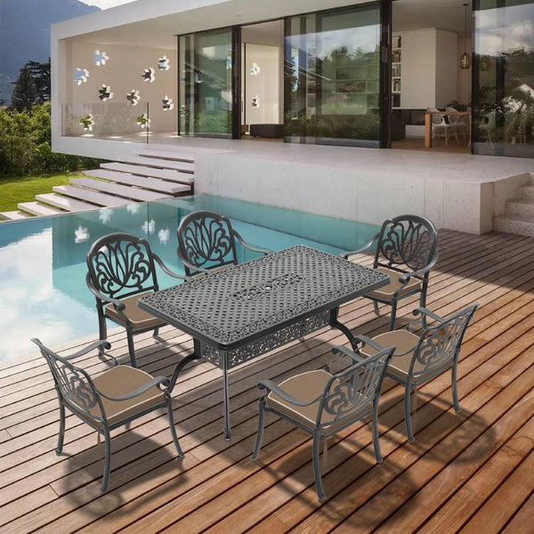 English Elm 7-piece Cast Aluminum Outdoor Dining Set with Floral Carved Detail and Brown Cushions W1710S00582