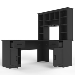 English Elm L-shaped Home Office Desk with Open Shelves Flip Shelf Cabinets and Drawer Storage Black W1580S00493