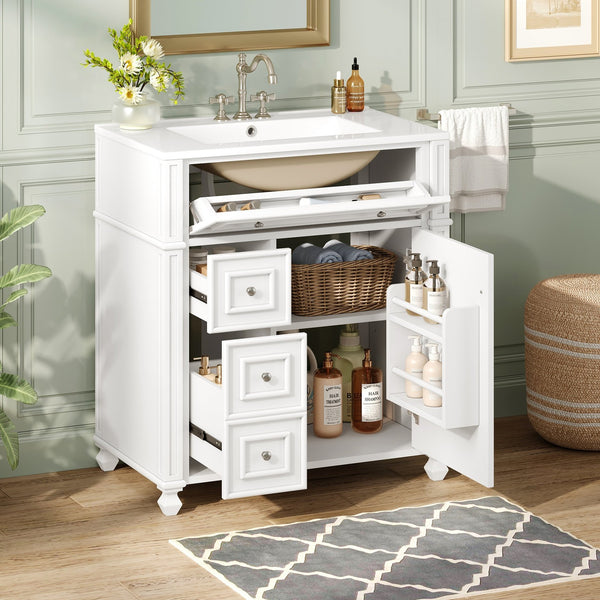 English Elm Bathroom Vanity with Sink French-Inspired 30" Ceramic Basin Vanity Cabinet with Soft-Close Doors & Drawer Organizer White N710P286723K