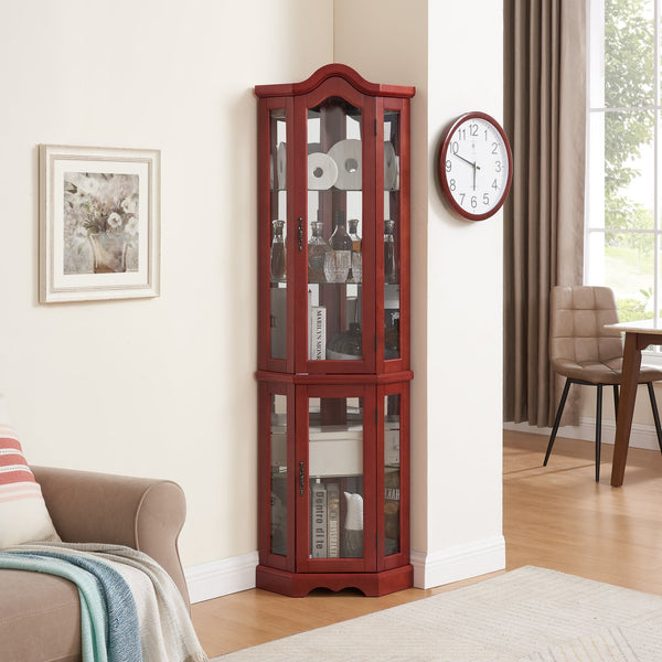 English Elm Lighted Corner Curio Cabinet - Elegant Cherry Display Case With Adjustable Shelves & Integrated Lighting W1758P294650