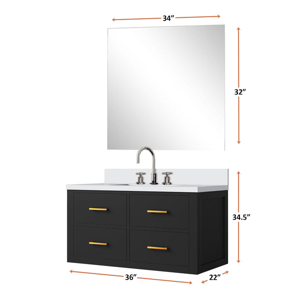 English Elm Black Single Bath Vanity Set With Cultured Marble Top, Chrome Gooseneck Faucet & Frameless Mirror B2731S01989