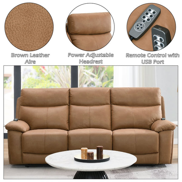English Elm Chavis Brown Faux Leather Aire Power Motion Sofa with USB, Power Headrest, Lumbar Air & Remote B2726P406777