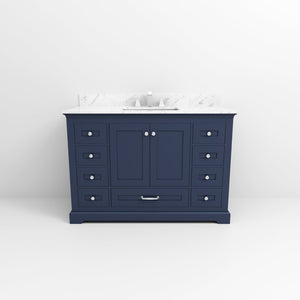 English Elm Navy Single Bath Vanity 48" W x 22" D with Carrara Marble Top, Soft-Close Drawers & Chrome Faucet Set B2731P258357
