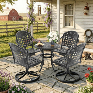 English Elm 5-piece Outdoor Cast Aluminum Bistro Set with Ornate Swivel Chairs and Round Patio Table W1710S00683