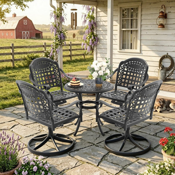 English Elm 5-piece Outdoor Cast Aluminum Bistro Set with Ornate Swivel Chairs and Round Patio Table W1710S00683