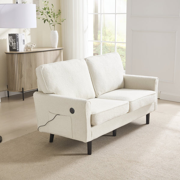 English Elm Loveseat Mid Century Modern Two-Seater Sofa with USB Type-C Charging, Removable Zipper Covers, Durable Wood Legs Beige W395P238823