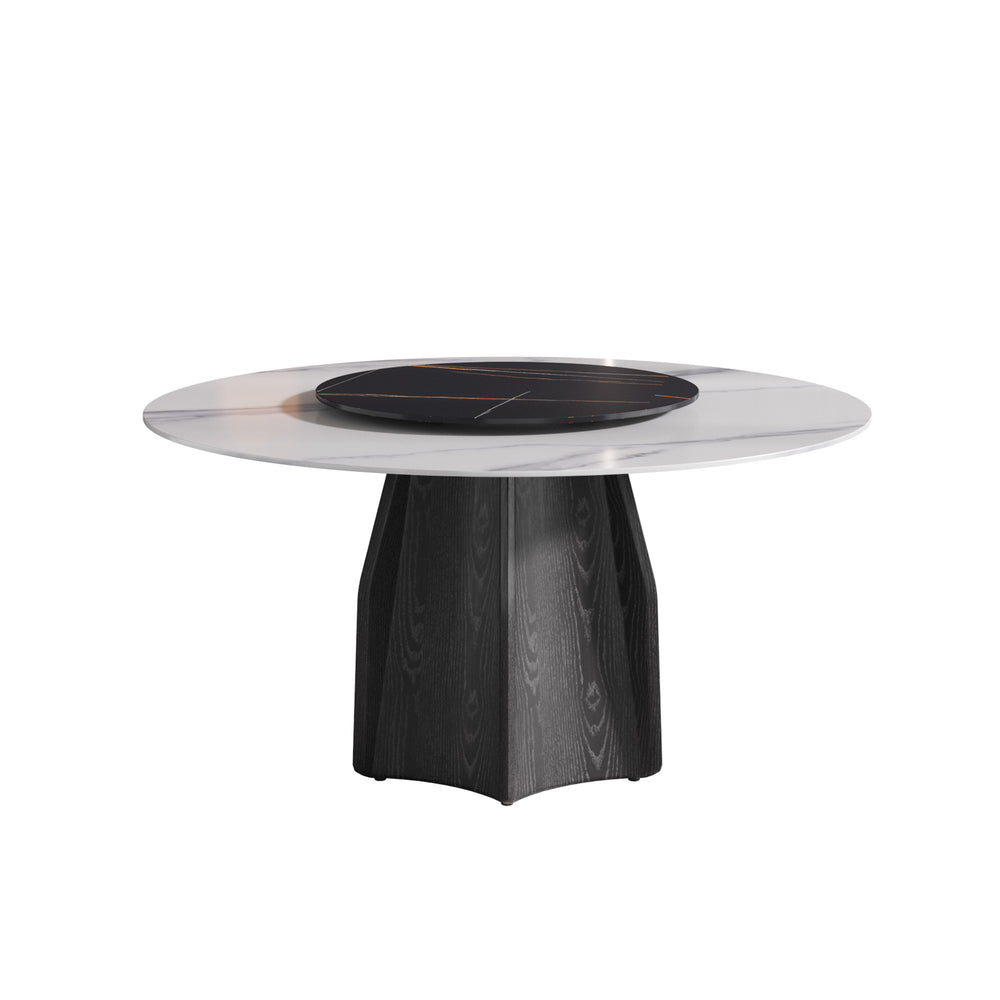 English Elm 59.05" Round Marble Dining Table With Black Oak Base & 31.5" Turntable For Elegant Gatherings W1535S00385