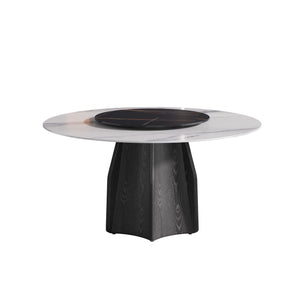 English Elm 59.05" Round Marble Dining Table With Black Oak Base & 31.5" Turntable For Elegant Gatherings W1535S00385