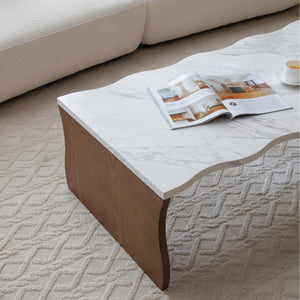English Elm 47.24" Whisper Of Waves Modern Coffee Table – Elegant White Faux Marble & Walnut Base For Any Space W2664P346445
