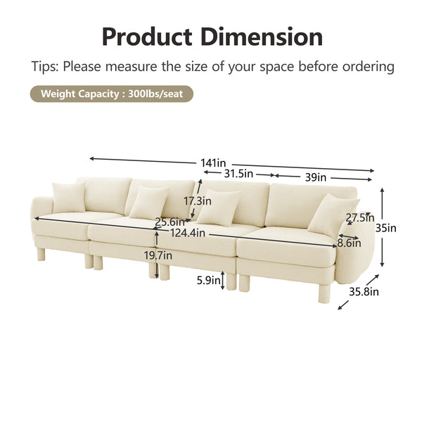 English Elm Boucle 4-Seater Sofa In Beige - Elegant Shell Armrests & Cylindrical Legs For Modern Living Spaces W3041S00279