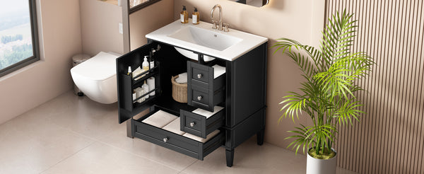 English Elm 30 30 Inch Bathroom Vanity with Ceramic Sink, Modern Compact 3-Drawer Storage Cabinet for Small Baths Black N710P247499B
