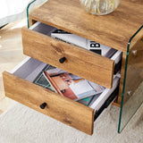 English Elm Double-Drawer Bedside Table. The Board Surface Is Mdf Sticker, and Both Sides Are Transparent Tempered Glass. The Design Is Simple and Elegant, With Excellent Storage Functions.