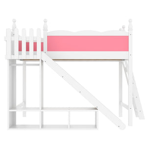 English Elm Twin Loft Bed Solid Pine Frame with Wardrobe Shelving Detachable Slide Kids Room W5305S00021