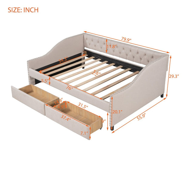 English Elm Upholstered Full Daybed with Linen Tufted Back Rivet Arms and Two Storage Drawers LP002111AAA