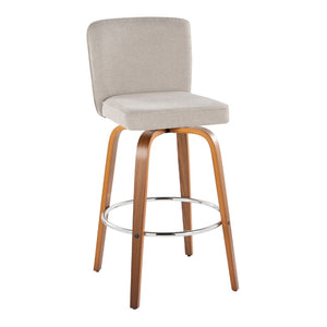 English Elm Fixed-height Swivel Barstools Mid-century Walnut Bentwood Frame Grey Upholstered Set Beige B202S01923