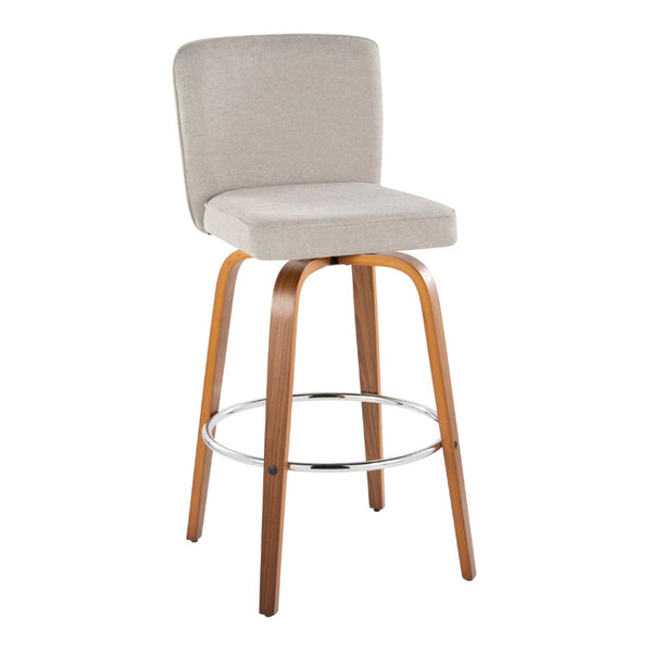 English Elm Fixed-height Swivel Barstools Mid-century Walnut Bentwood Frame Grey Upholstered Set Beige B202S01923