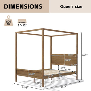 English Elm Queen Solid Wood Canopy Bed Four Post Antique Oak Finish with Curtain Rail Slots N758Q084041N