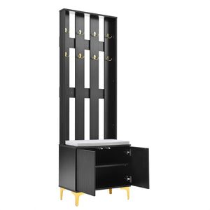 English Elm ON-TREND Modern Luxury Hall Tree with Cushioned Bench, Fluted Doors, 8 Gold Hooks & Adjustable Shelf Black N721P192814B
