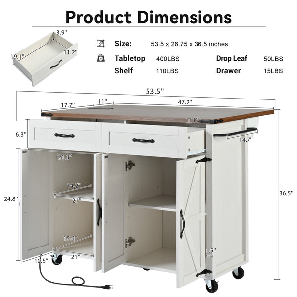 English Elm K&K Farmhouse Kitchen Island Cart 53.5" with Drop Leaf, Built-In Power Station, Ample Storage & Wheels White N707P170348W