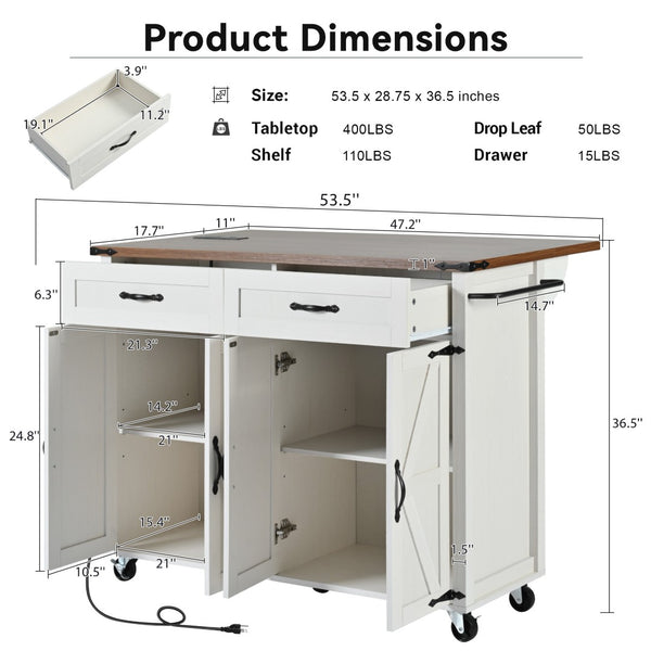 English Elm K&k Farmhouse Rolling Kitchen Island with Drop Leaf Power Outlets and Storage Cabinet White N707S170348W