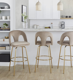 English Elm Fixed-height Swivel Barstools with Gold Footrest Black Frame White Upholstery Set Taupe B202S01883