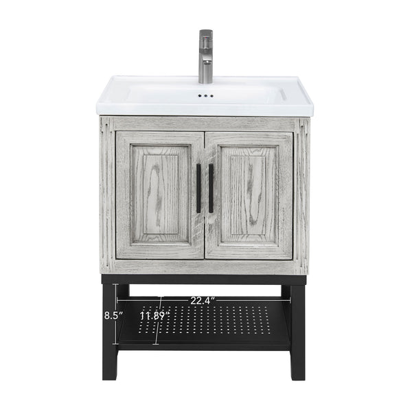 English Elm 24" Modern Bathroom Vanity with White Ceramic Sink, Textured Faucet, Adjustable Feet & Shelf — Sleek Storage Cabinet W688P224402