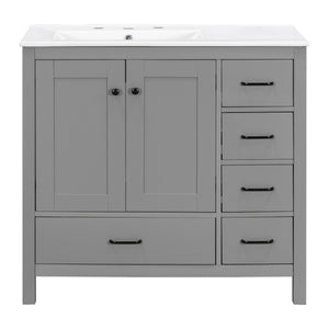 English Elm 36" Gray Bathroom Vanity with Ceramic Sink, 5 Drawers & Soft-Close Doors, Solid Wood Modern Storage N729P183735E