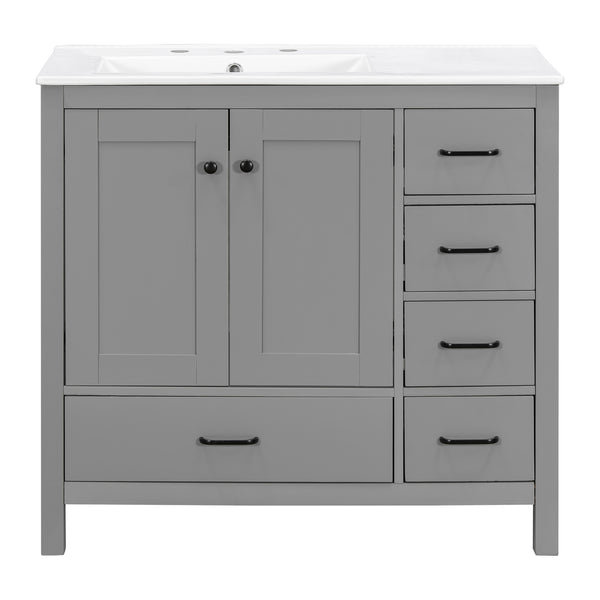 English Elm 36" Gray Bathroom Vanity with Ceramic Sink, 5 Drawers & Soft-Close Doors, Solid Wood Modern Storage N729P183735E