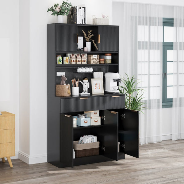 English Elm Pantry Hutch with Fluted Mdf Panels Charging Station Pegboard and Open Shelving T3773P416035