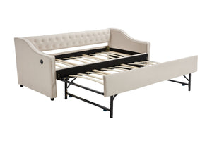 English Elm Twin Velvet Daybed with Pull Out Trundle Tufted Back Usb Port and Side Pockets Beige W1361S00035