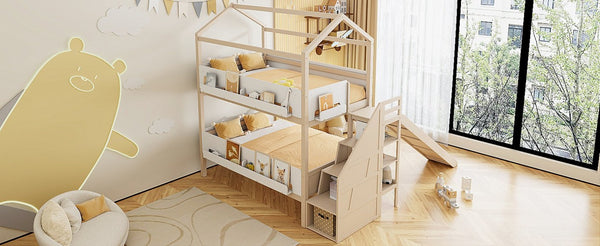 English Elm House-shaped Pine Bunk Bed with Built-in Slide Storage Staircase Twin Over Full Kids Frame Beige+White N820S00082A