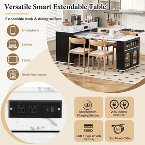 English Elm Trexm Rolling Kitchen Island Extendable Marble Top Cabinet Drawers Power Outlet Black,White Marble XW000029AAB