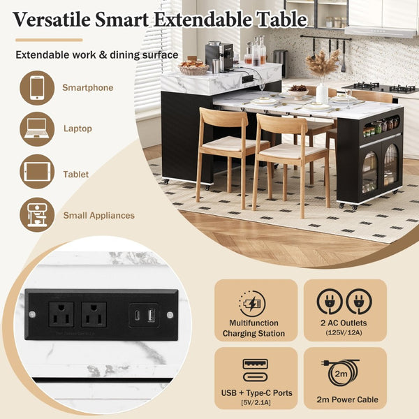 English Elm Trexm Rolling Kitchen Island Extendable Marble Top Cabinet Drawers Power Outlet Black,White Marble XW000029AAB