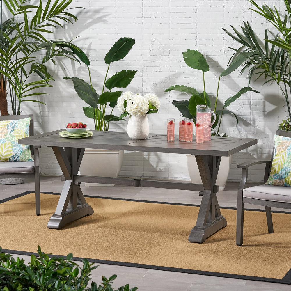 English Elm Christopher Knight Home® - Modern Outdoor Aluminum Dining Table with X-Shape Legs, Dark Gray Finish, Durable 74"x36" Centerpiece 66538.00DGRY