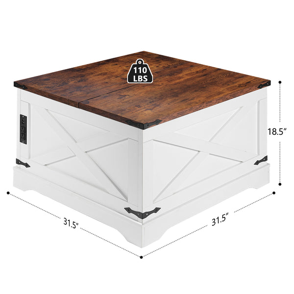 English Elm Coffee Lift-Top Table with USB & Outlets, Square Wood Center Table with Hidden Storage, Vintage White W2896P215179