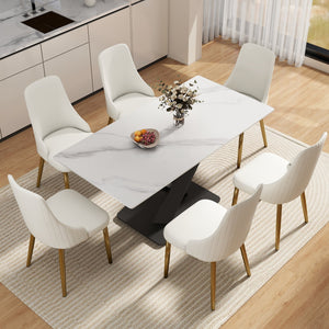 English Elm 63" Modern Sintered Stone Dining Table with Durable X-Leg Iron Base, Seats 6, 400 lb Capacity Black,White W1535S00531