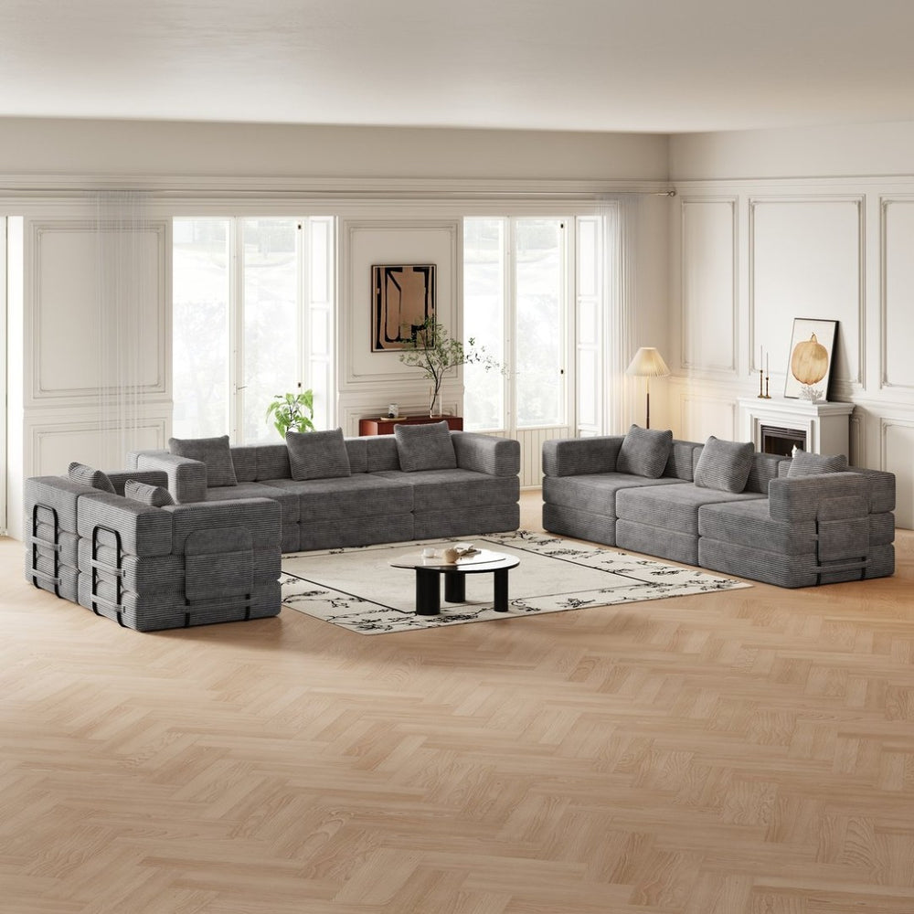 English Elm 8 Seater Corduroy Floor Sofa Bed with Storage Pockets and Modular Cushion Design W3505S00024