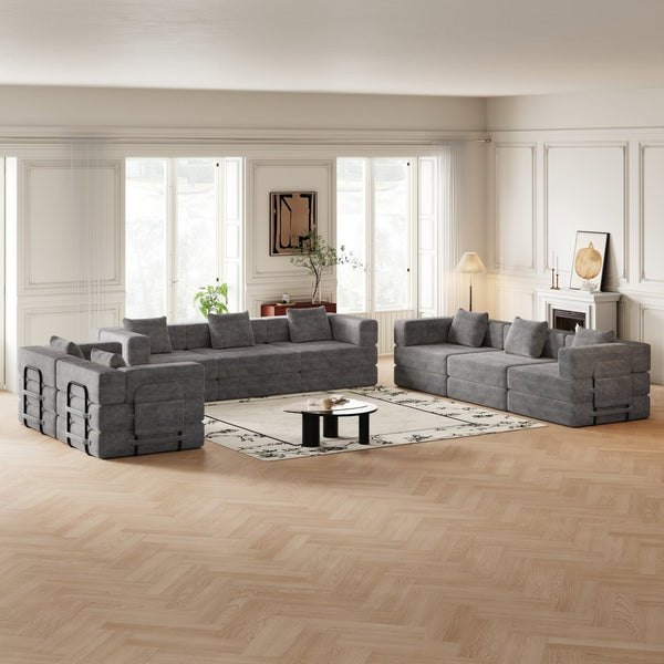 English Elm 8 Seater Corduroy Floor Sofa Bed with Storage Pockets and Modular Cushion Design W3505S00024