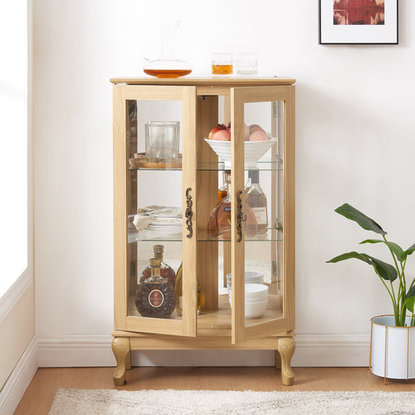 English Elm 2 Doors Curio Cabinet With Lighted Display & Mirrored Back, Adjustable Shelves - Oak Elegance For Home W2275P178895