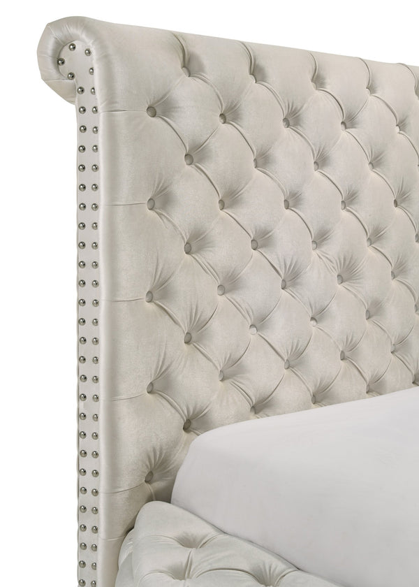 English Elm Unique Round Plush Velvet Button-Tufted Storage Bed Queen with Studded Headboard and 2 Nightstands Set Ivory,White 54.75 L x 79.5 W x 8.25 H B2741S00099
