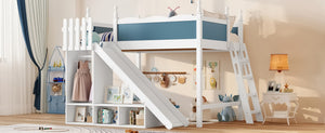 English Elm Twin Loft Bed Solid Pine Frame with Wardrobe Shelving Detachable Slide Kids Room White+Blue W5305S00024