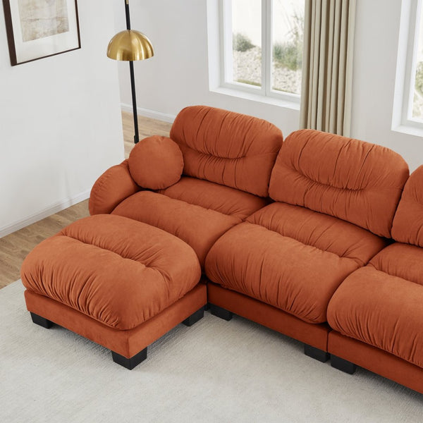 English Elm Pleated Chenille U-shape Sectional Sofa with Ottomans Ergonomic Foam Curved Armrests Orange W5656S00069