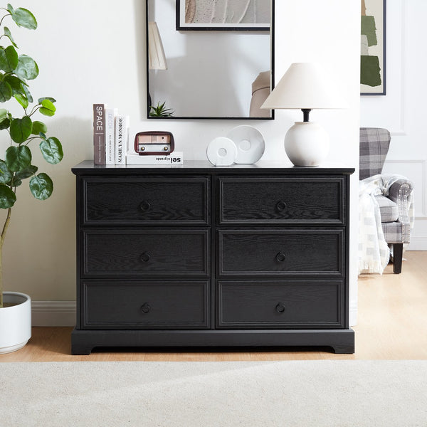 English Elm Modern 6-Drawer Chest of Drawers for Bedroom — Spacious Wooden Dresser with Smooth Glide Drawers, Elegant Patterned Top Black W2275P224406