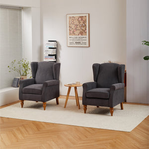 English Elm Coffee Table & Armchair Set with Vintage Roman Column Legs, Breathable Fabric, Solid Rubberwood Craftsmanship Antique Dark Grey W2989P339879