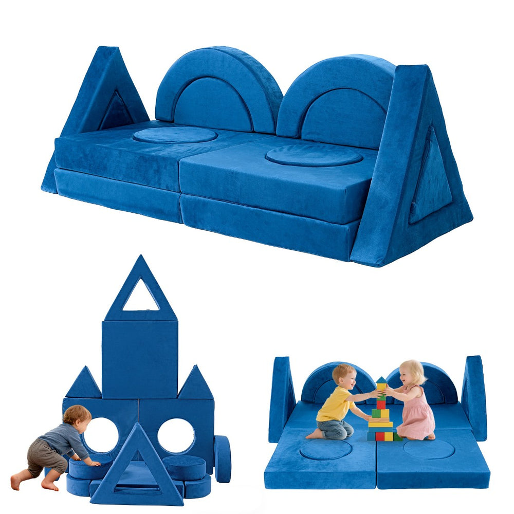English Elm 14pcs Modular Foam Play Couch Set Convertible Toddler Fort Builder for Playrooms Blue T5880P493440
