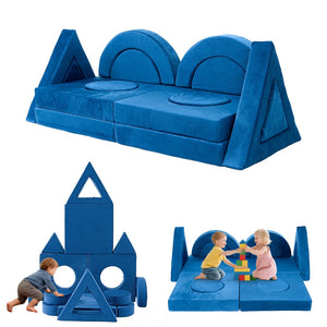 English Elm 14pcs Modular Foam Play Couch Set Convertible Toddler Fort Builder for Playrooms Blue T5880P493440