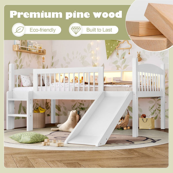 English Elm Twin Xl Solid Pine Loft Bed with Built-in Led Lighting and Storage Shelves Light White W1580S00364