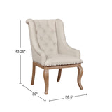 Cream Fabric Upholstered Arm Chairs Set, Barley Brown Finish - Elegant Design, Nailhead Accents