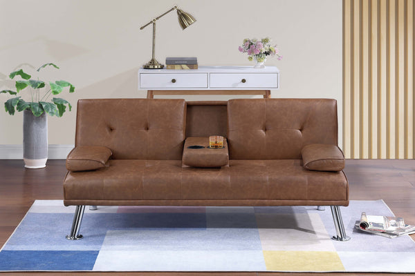 English Elm Living Convertible Faux Leather Sofa with Tufted Upholstery, Fold-Down Table and Cup Holders, Metal Legs Brown 39 L x 8 W x 67 H B011P381497